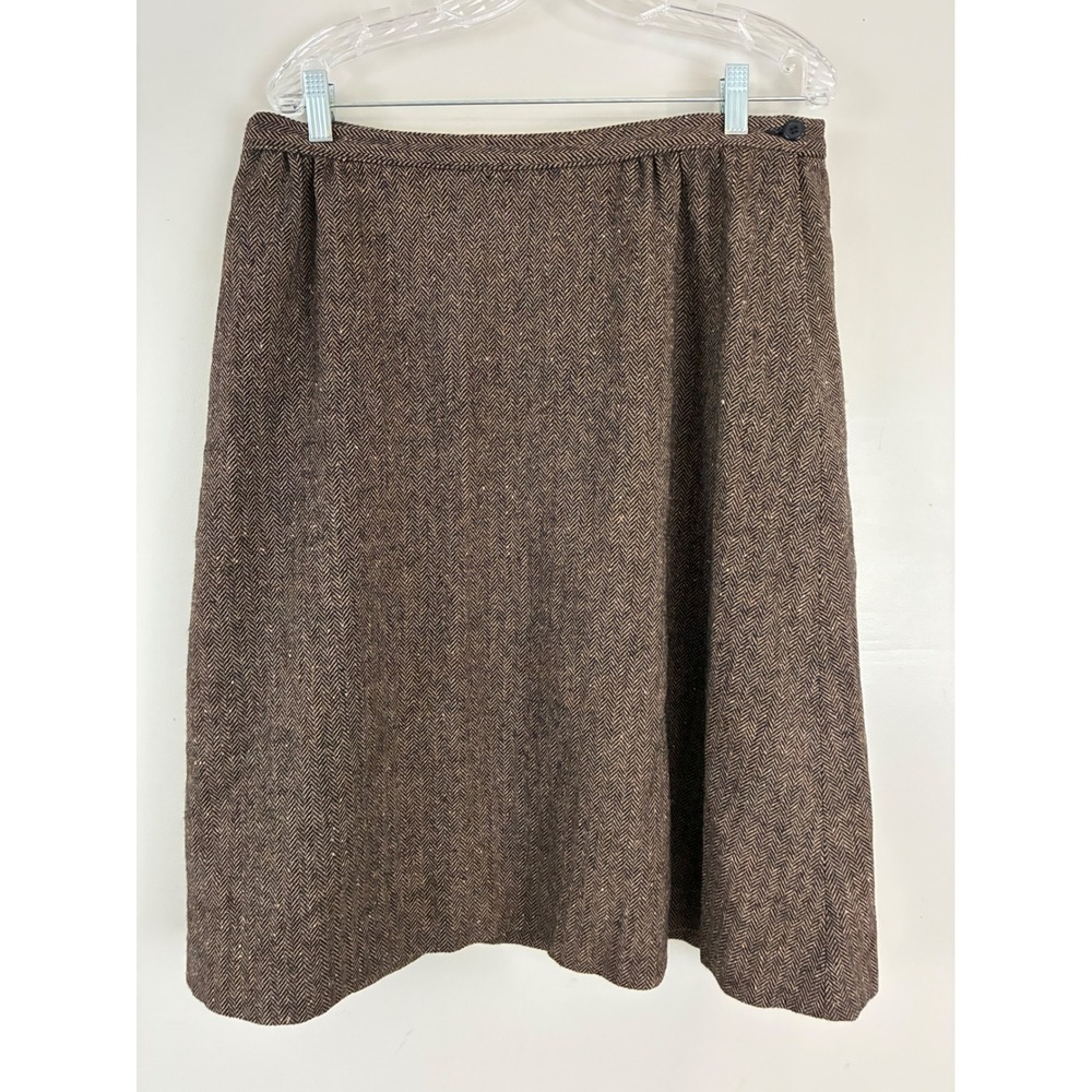 Vtg Pendleton Skirt Women 14 Brown Herringbone Virgin Wool Tweed A-Line Midi USA